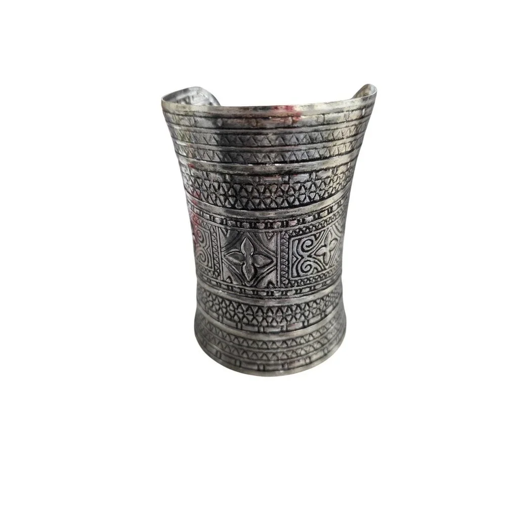 Silver Tone Wide Cuff Bracelet Tribal Ethnic Pattern‎ Statement Jewelry